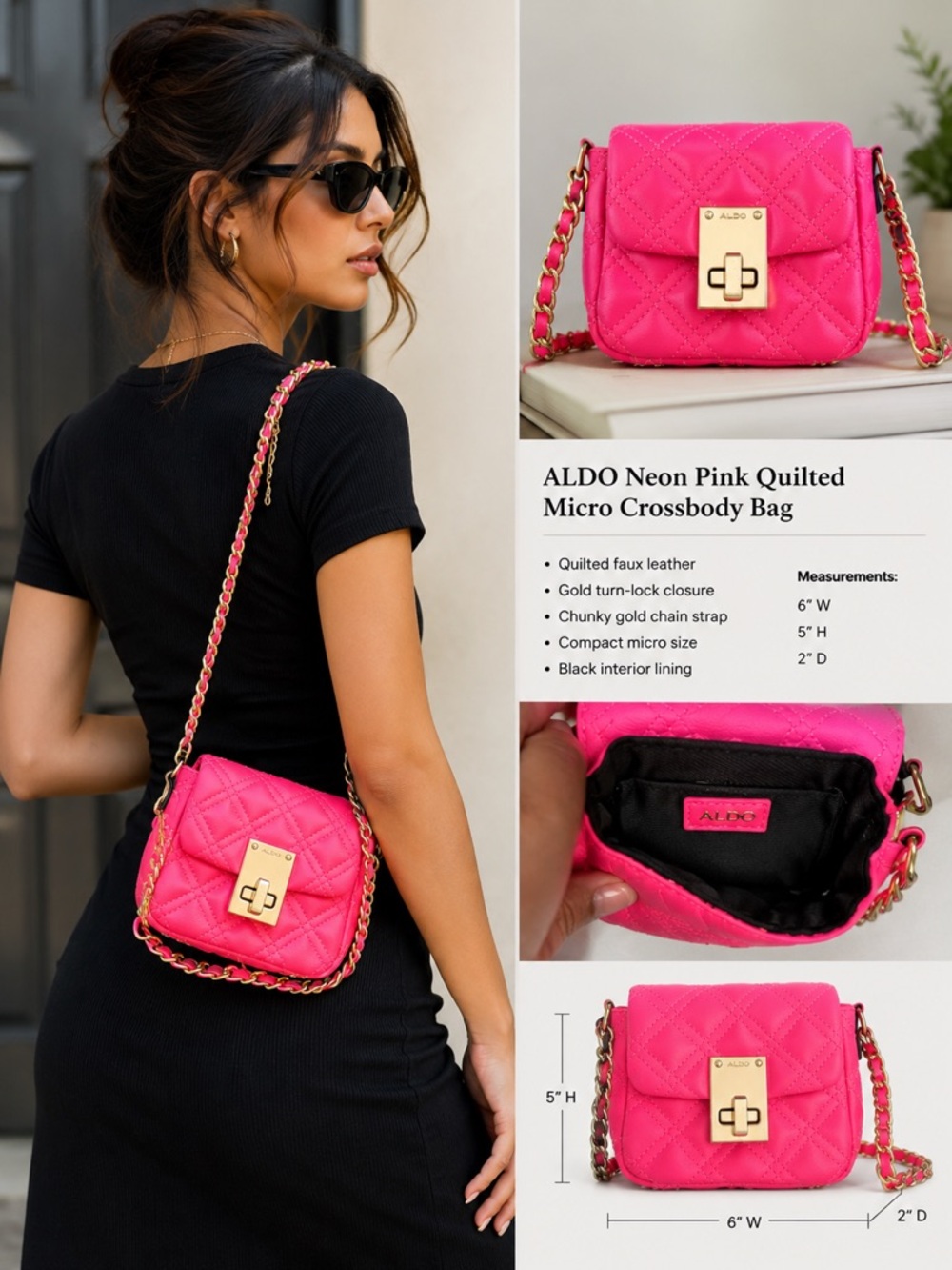 ALDO Neon Pink Quilted Crossbody with Gold Chain